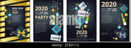 Banner für Silvesterparty. Vorlagen für Einladungsvorlagen für 2020 Jahreseven. Vector festliche Karten mit Geschenken, Konfetti, Glaskugeln Stock Vektor