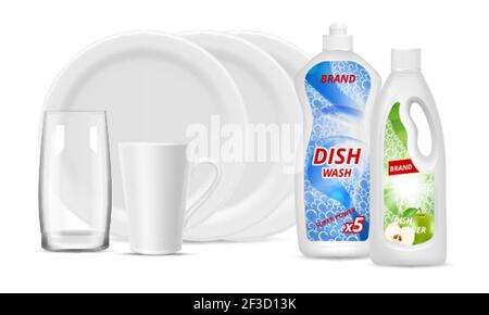 Flaschen mit Flüssigwaschmittel. Geschirr, Glas, Tasse reinigen. Vector realistische weiße Platten, Verpackung Waschmittel Stock Vektor