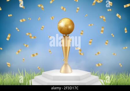 Realistische Trophäe. Sport Gold Auszeichnung auf Gras mit fallenden Konfetti Vektor Illustration Stock Vektor