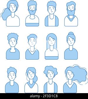 Avatare mit blauer Linie. Verschiedene männliche und weibliche Charaktere anonyme lustige Gesichter für Internet-Profil-Vektor-Sammlung Stock Vektor