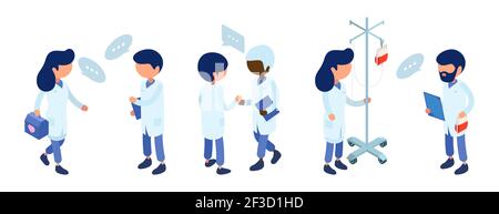 Ärzte Personal. Kommunikation des medizinischen Teams. Isometrische Arzt Zeichen Vektor-Illustration. Krankenhauspersonal Stock Vektor