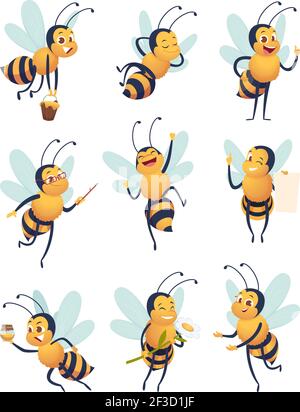 Honigbiene. Cartoon Figuren fliegende Natur Insekt in verschiedenen Posen Lieferung Biene Vektor Maskottchen Stock Vektor