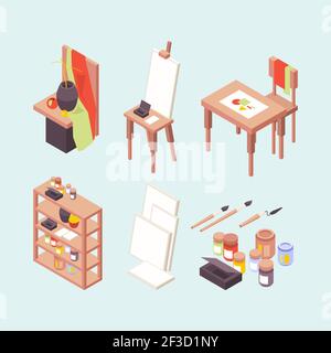 Kunststudio. Professionelle Künstler Designer Schöpfer Artikel Staffeleien Pinsel Farben Podium Arbeitsplatz Vektor isometrisch Stock Vektor