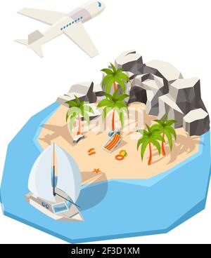 Isometrische Insel. Traumurlaub Urlaub am Meer Sommer Passagier Schiff Reise Konzept Ozean Vektor Insel Stock Vektor