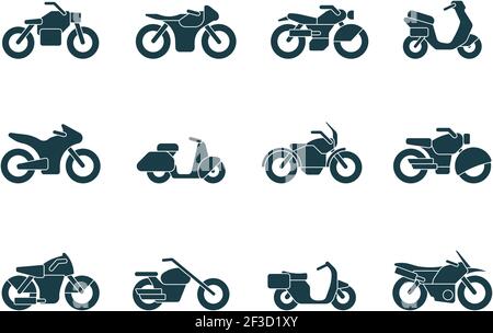 Motorradsilhouetten. Fahrzeug Symbole Motorräder Reise Fahrrad Chopper Straße Transport Vektor schwarz Bilder Stock Vektor