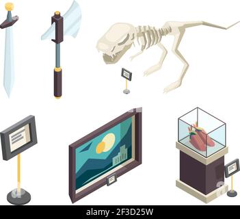 Historisches Museum. Antike Ausstellung Objekte Schädel mittelalterliche Architektur Platten Rüstung historischen Führer Vektor isometrisch Stock Vektor