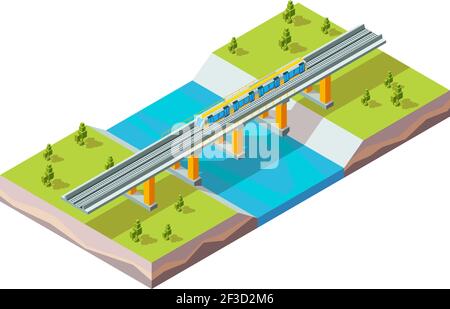 Eisenbahnviadukt. Städtischer Zug über Fluss moderne Stadt Infrastruktur Eisenbahn Vektor isometrisch Stock Vektor