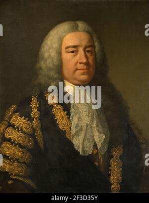 Porträt der RT. Henry Pelham ( 1694-1754). Henry Pelham FRS (1694-1754) war ein britischer Whig-Staatsmann, der vom 27. August 1743 bis zu seinem Tod als Premierminister Großbritanniens diente. Pelham gilt allgemein als dritter britischer Premierminister nach Sir Robert Walpole und dem Earl of Wilmington. Stockfoto