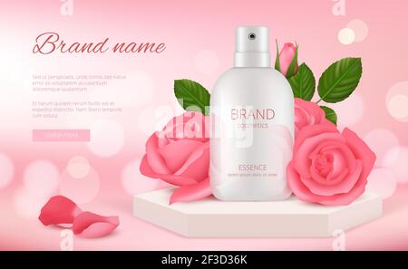 Kosmetische Werbung für Haut. Frau Creme oder Parfüm-Flasche mit rosa Blüten und Blütenblätter Schönheit romantische Dekoration realistische Vorlage Stock Vektor