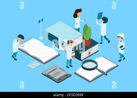 Medizinische Ausbildung. Medizinische Studenten, Chirurgie isometrisches Konzept. Bücher, Ärzte Krankenschwester Zeichen Stock Vektor