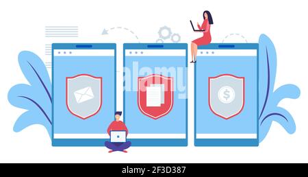 Mobiles Datenschutzkonzept. Internet-Sicherheitskonzept. Schützen Sie Informationen, Geld Vektor Illustration. Winzige flache Computer-Schutz-Software Stock Vektor