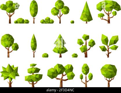 Pflanzen mit geringer Poly-Poly. Geometrische Cartoon stilisierte Bäume grüne Natur Pflanzen Vektor-Sammlung Stock Vektor