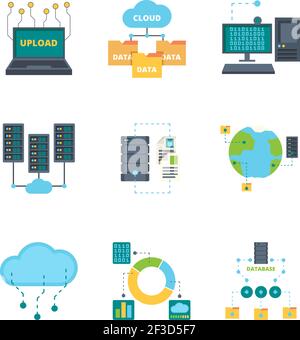 Symbol für das Rechenzentrum. Cloud-Technologie Sicherheitsmanagement Datenbanken Computer Netzwerk Vektor flache Symbole Sammlung Stock Vektor