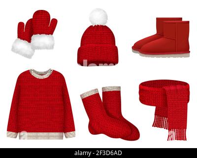 Winterkleidung Saison. Wolle Schal kaltes Wetter Hut Fäustlinge und Socken Vektor realistische Kleidung Fashioned Kollektion Stock Vektor
