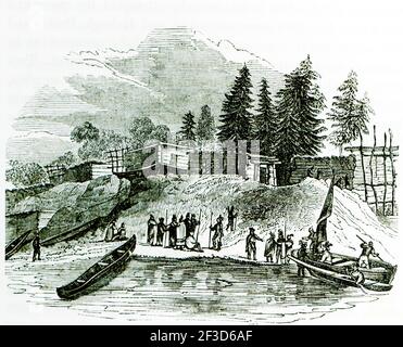 Diese Abbildung aus dem Jahr 1840s zeigt die Siedlung Roanoke. Die Gründung der Kolonie Roanoke war ein Versuch von Sir Walter Raleigh, die erste dauerhafte englische Siedlung in Nordamerika zu gründen. Die erste Kolonie Roanoke wurde 1585 von Gouverneur Ralph Lane auf Roanoke Island im heutigen Dare County, North Carolina, USA gegründet. Nach dem Scheitern der Siedlung von 1585 landete 1587 eine zweite Kolonie – angeführt von John White – auf derselben Insel und begründete eine weitere Siedlung, die aufgrund des darauf folgenden unerklärlichen Verschwindens ihrer Bevölkerung als Verlorene Kolonie bekannt wurde. Stockfoto