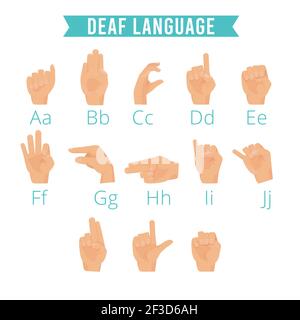 Hands Sprache. Taube menschliche Gesten Alphabet Emoji der Hände Handfläche Finger zeigen halten Vektor Illustrationen gesetzt Stock Vektor
