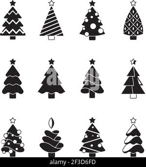 Weihnachtsbaum-Ikone. Natur Feier Symbole Bäume mit Geschenken und Spielzeug stilisierte Silhouetten Vektor-Set dekoriert Stock Vektor