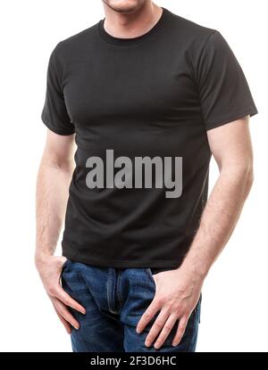 Junge fit Mann trägt blank schwarz Kurzarm Baumwolle T-Shirt. Vorlage auf weißem Hintergrund isoliert Stockfoto