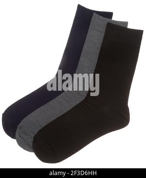 Drei Baumwollsocken blau grau und schwarz Farbe isoliert auf Ein weißer Hintergrund Stockfoto