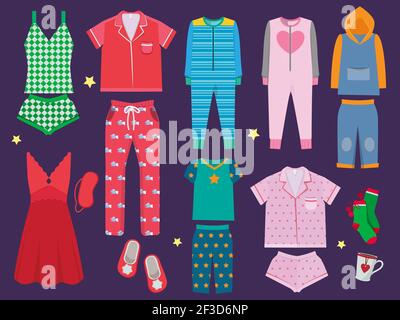 Schlafanzug-Set. Schlafbekleidung Kollektion für Kinder und Erwachsene Schlafbekleidung Textil Vektor farbige Cartoon-Illustrationen Stock Vektor