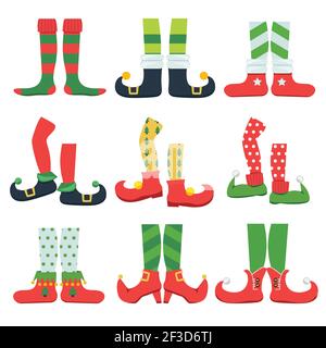 Elf Füße. Weihnachten Märchen Charakter bunt stilvolle Stiefel santa Schuhe und Leggings Vektor Cartoon-Set Stock Vektor