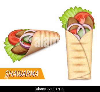 Shawarma-Set, Vektorgrafik. Türkisches Fastfood zum Mitnehmen. Realistische Pita Brötchen mit Huhn, Rindfleisch, Salat. Stock Vektor