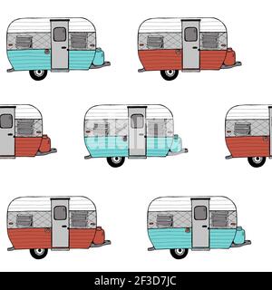 Vintage Caravan Doodle Style Vektor Nahtloses Muster Illustration. Camper Trailer Van Print für Mode Textil-Design. Stock Vektor