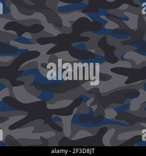 Grau Schwarz und Blau Urban Camouflage Vektor nahtlose Musterillustration. Camo-Print mit Streifen-Effekt für modisches Textil-Design. Stock Vektor