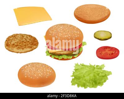Hamburgher. Realistische Fast-Food-Zutaten Gemüse Tomate Rindfleisch Mahlzeit Salat köstliche Lebensmittel Vektor Konstruktor Stock Vektor