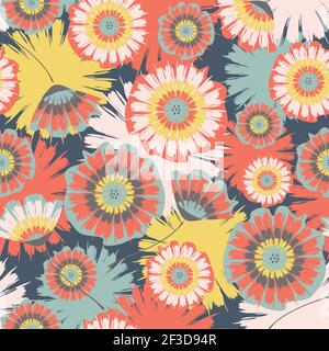 Nahtlose Vektor-Muster mit Krawatte färben Sommerblumen auf blauem Hintergrund. Schöne florale Pastelltapete Design. Künstlerische Pflanze Mode Textil. Stock Vektor