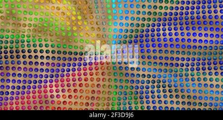 Farbenfroher abstrakter Hintergrund in Gold-Regenbogenfarben. 3D Punkte Muster auf gewelltem goldglänzendem Hintergrund. Abbildung Stockfoto