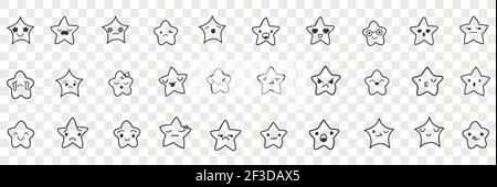 Sterne mit Emoji Gesichter Doodle Set. Sammlung von handgezeichneten niedlichen lustigen Sternen mit positiven und negativen Mimik Emoticon isoliert auf transparentem Hintergrund Stock Vektor