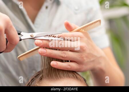 Fürsorgliche weibliche Hände einer Mutter mit Kamm und Schere machen einen modischen Haarschnitt für ihren Sohn zu Hause während der zweiten Sperre. Selektiver Fokus Stockfoto