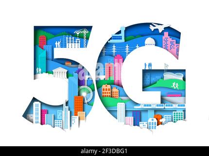 5G Symbol mit Stadtelementen. Vektorgrafik im Papierkunststil. 5th Generation der mobilen Internetverbindung. Stock Vektor