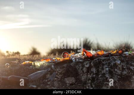 Alkoholische Getränke leere Glasflaschen Müll auf dem Land Stockfoto