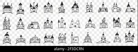 Schlösser Fassaden mit Türmen Doodle Set. Sammlung von handgezeichneten verschiedenen Fassaden von Schlössern mit Türmen und Fenster für königliche Familie Unterkunft isoliert auf transparentem Hintergrund Stock Vektor