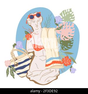 Sommer-Banner oder Print-Design mit griechischen Venus mit Strand liefert, flache Vektor-Illustration isoliert auf weißem Hintergrund. Stock Vektor