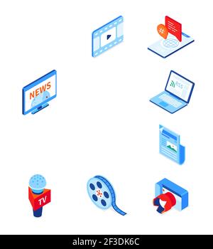Medien und Journalismus - Moderne isometrische Symbole auf weißem Hintergrund isoliert gesetzt. Nachrichten und Kommunikation. Notizen, Smartphone, Videokamera, Laptop, Sprache Stock Vektor