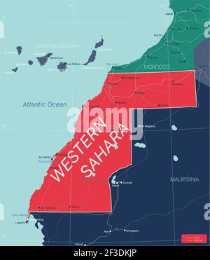 Westsahara Detaillierte editierbare Karte mit Regionen Städte und Gemeinden, Straßen und Eisenbahnen, geografische Standorte. Vector EPS-10-Datei Stock Vektor