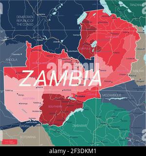 Sambia Land detaillierte editierbare Karte mit Regionen Städte und Städte, Straßen und Eisenbahnen, geografische Standorte. Vector EPS-10-Datei Stock Vektor