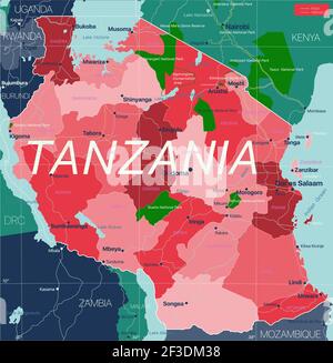 Tansania Land detaillierte editierbare Karte mit Regionen Städte und Städte, Straßen und Eisenbahnen, geografische Standorte. Vector EPS-10-Datei Stock Vektor