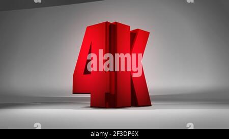 Rotes 4K glänzendes Logo, minimal 3D Render vor einem weißen geschwungenen Hintergrund. Symbol für die Standardauflösung von TV-Videos Stockfoto