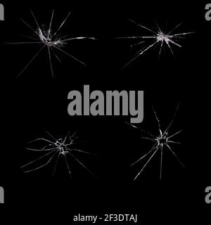 Satz von gebrochenem und zerbrochenem Glas auf schwarzem Hintergrund. Abstrakte Collage mit gesprungener Fensterstruktur Stockfoto