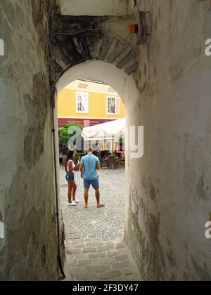 Die kleine Stadt Szentendre, bekannt für ihre Künstler und Kunstfertigkeit, liegt am Ufer der Donau. Eine kurze Zug-, Fahrrad- oder Bootsfahrt von Budapest Stockfoto