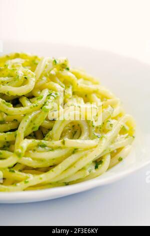 Spaghetti mit Pesto-Sauce. Hochwertige Fotos. Stockfoto