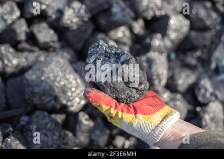 Gewinnung von Bodenschätzen der Steinkohle. Ein Mann hält in der Hand ein großes Stück Kohle, Mineralöl für Heizöfen und Kessel in einem Land Hou Stockfoto