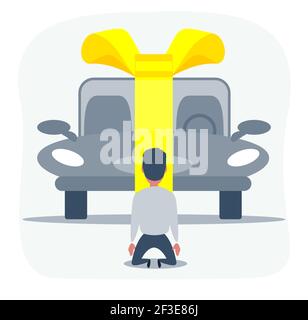 Neues Auto mit goldenem Schleifband als Geschenk. Stock Vektor