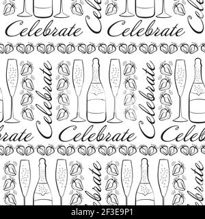 Champagner und Erdbeere feiern Text Vektor nahtlose Muster Hintergrund. Schrift Schriftzug, zischende Gläser, Flaschen Erdbeeren schwarz weiß Stock Vektor