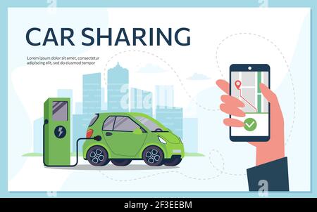 Gemeinsame Nutzung von Autos. Das Elektroauto lädt die Batterie über die Ladestation, bestellt das Auto über die App. Vektorgrafik in flachem Stil auf weißem Hintergrund. Stock Vektor