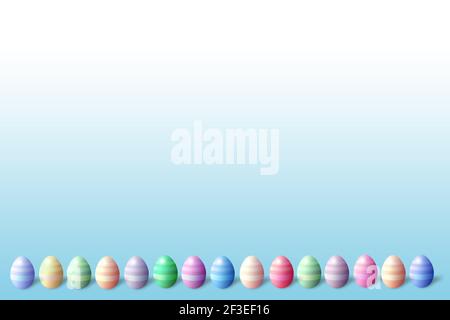 Untere Reihe von 3D pastellfarbenen ostereiern gelben Hintergrund Und 5 große Eier Abbildung Stockfoto